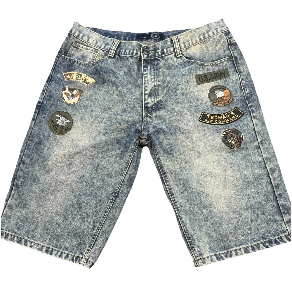Finest‎ Thread Luxury Goods Mens Acid Wash Jean Shorts Size 40 Army Patches